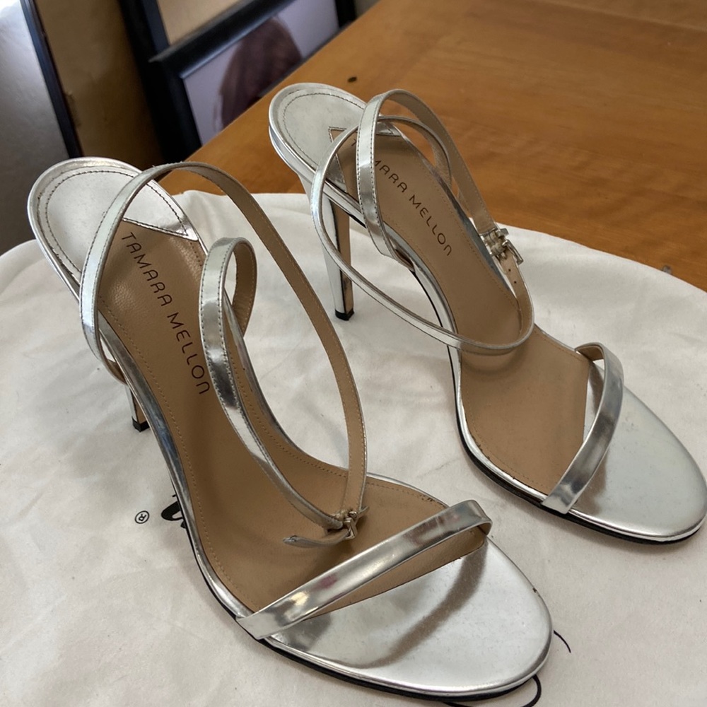 Tamara Mellon slim strap heels in silver patent leather size 42 US 11 or 12